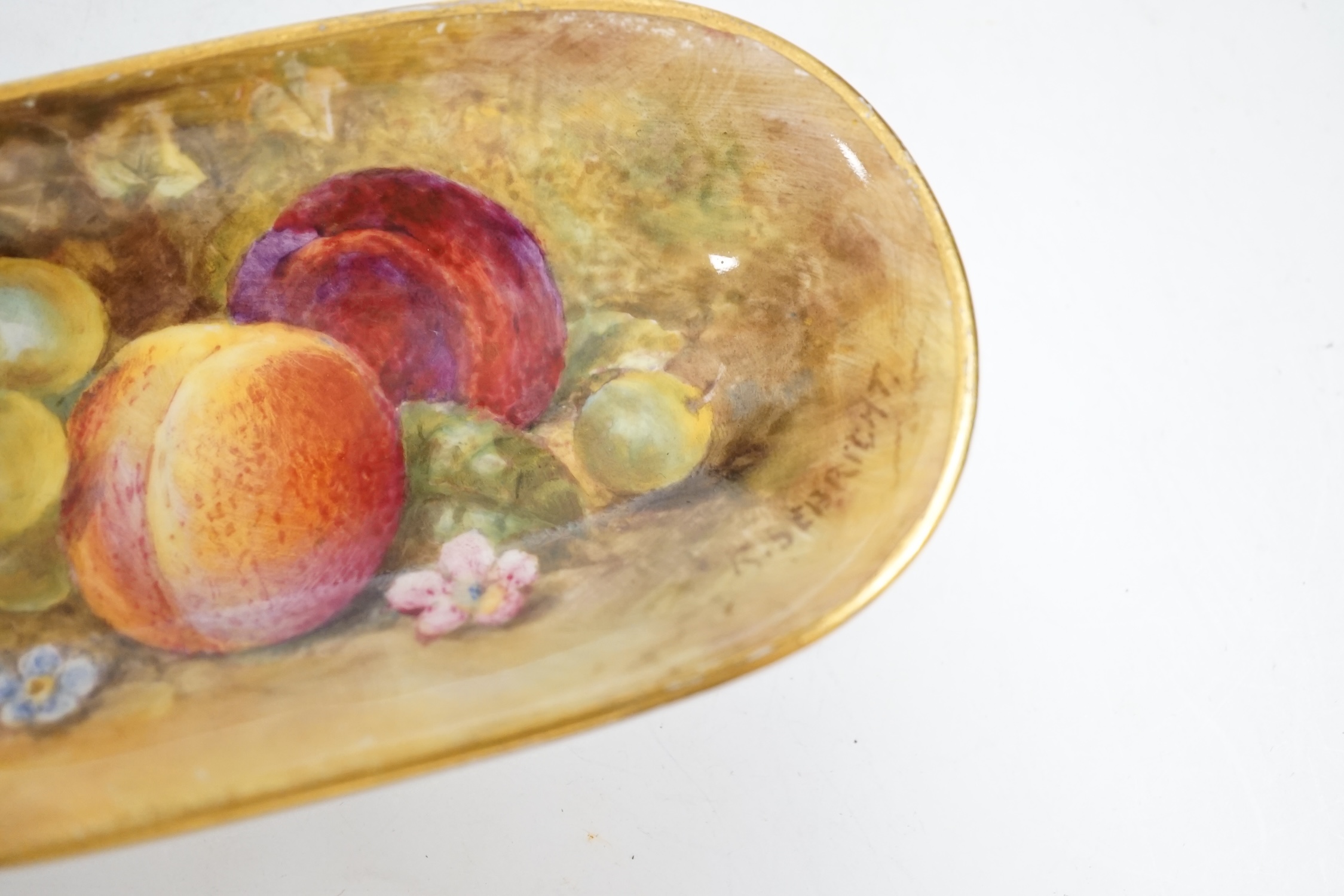 A Royal Worcester fruit painted pin dish by Richard Sebright, 10.5cm wide. Condition - good